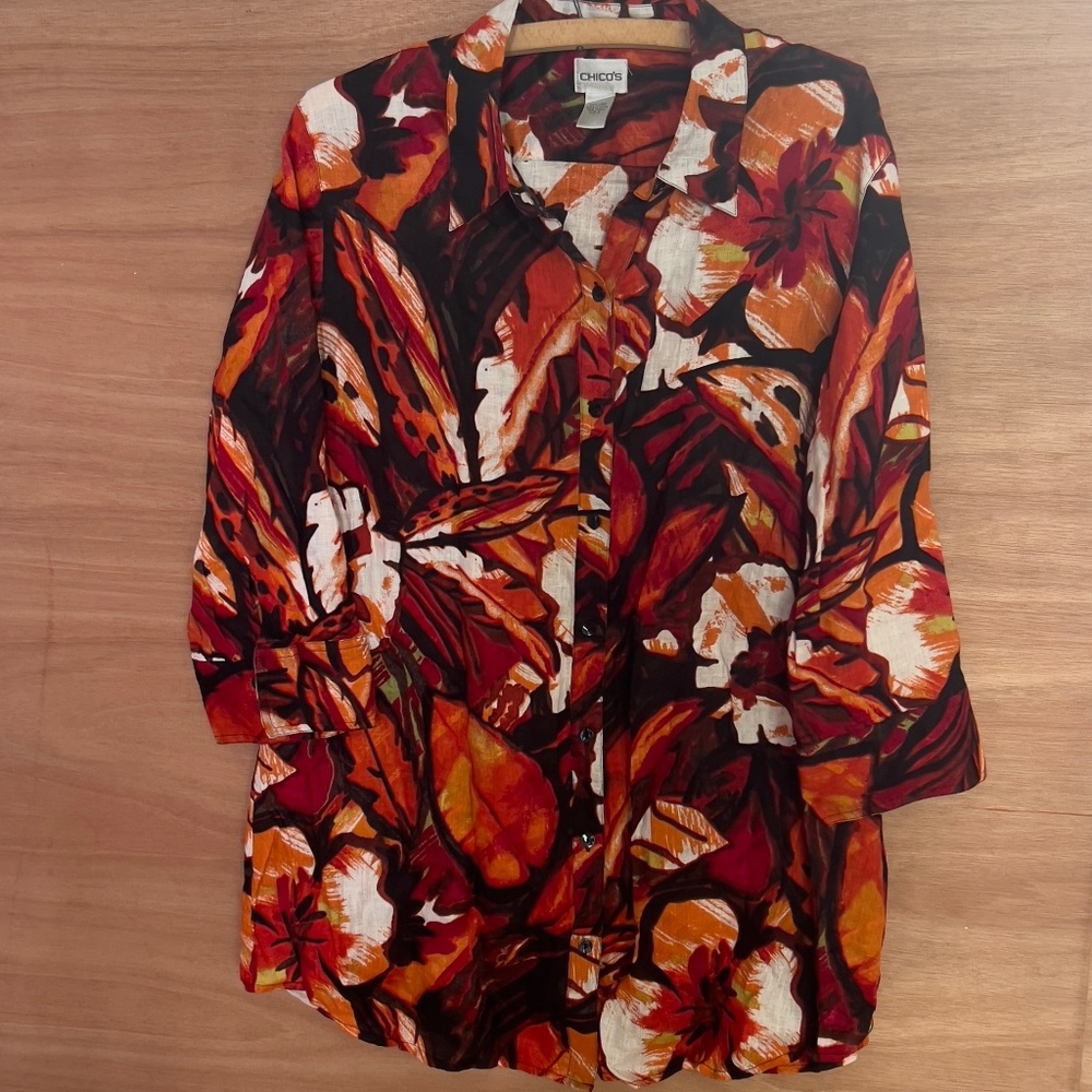 Chicos 100% Linen Floral Shirt Size 3 Floral Orange Red XL Button Up Tunic